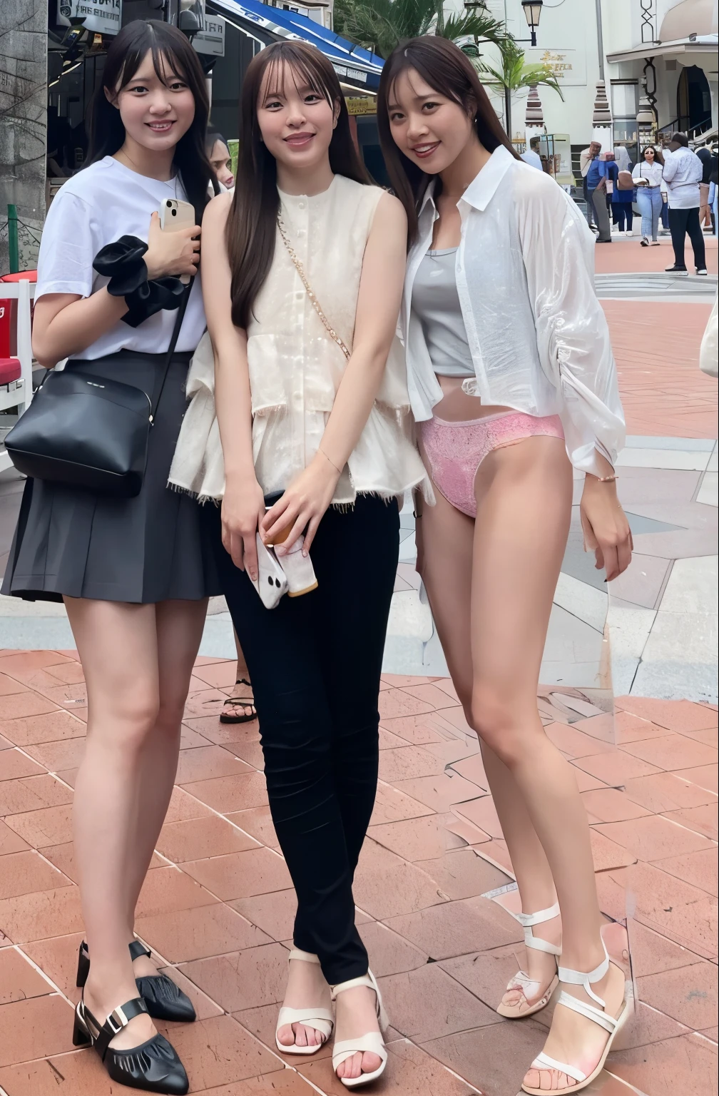 absurdres, RAW photo, extremely delicate and beautiful, masterpiece, Best Quality, ultra high resolution, 16k, hyperrealistic, realistic, photorealistic, photo-realistic, ultra-detailed, perfect anatomy, super Detailed skin, perfect figure, Very detailed CG 8k wallpaper, nude, pussy, shaved pussy, nipple, perfect nipple, perfect breast, round breast, small head, perfect fingers, (full body :1.2), super white skin, standing, medium breast, kpop idol, nude, blushing, sexy leg, smile, smile eyes, 3 boys, 3 guys, on the street, nude, puffy hair, bangs, (2 guys :1.5), long leg, medium round breast, nike shoes, (nude girl), messy hair, denim skirt, flat bangs, nude boy, penis realistic penis, perfect penis