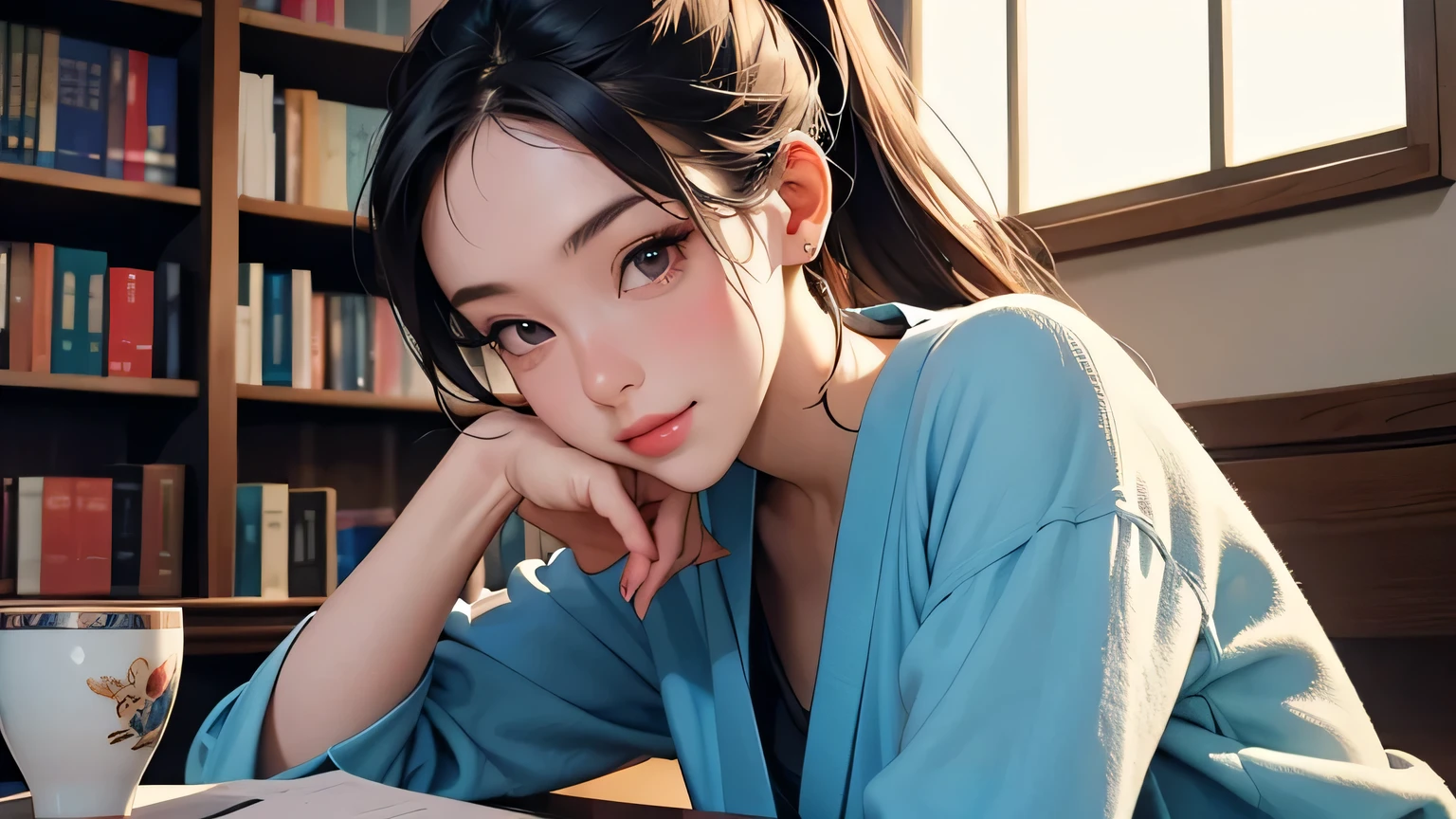 8k, highest quality, super high resolution, 1 woman, ponytail, 21 years old, (with a girl), top-quality beautiful girl, outdoors, full body, mouth slightly open, realistic, highly detailed CG integrated 8k wallpaper , Highly detailed, High resolution RAW color photography, Professional photography, Realistic portrait, Cinematic light, Beautifully detailed female, 21 years old, (D cup: 1.1), (Best quality: 1.4), Super Detail, High Quality, Table Top, City Scene, ((Masterpiece)), Top Quality, Full Body, Alone, Japanese Woman, One Girl, (Masterpiece), (Highest Quality), (Highly Detailed) ,Produces an image of a girl, in a library full of books, lost in the world of literature, holding a cup of tea and looking satisfied., Highly detailed, ultra-realistic