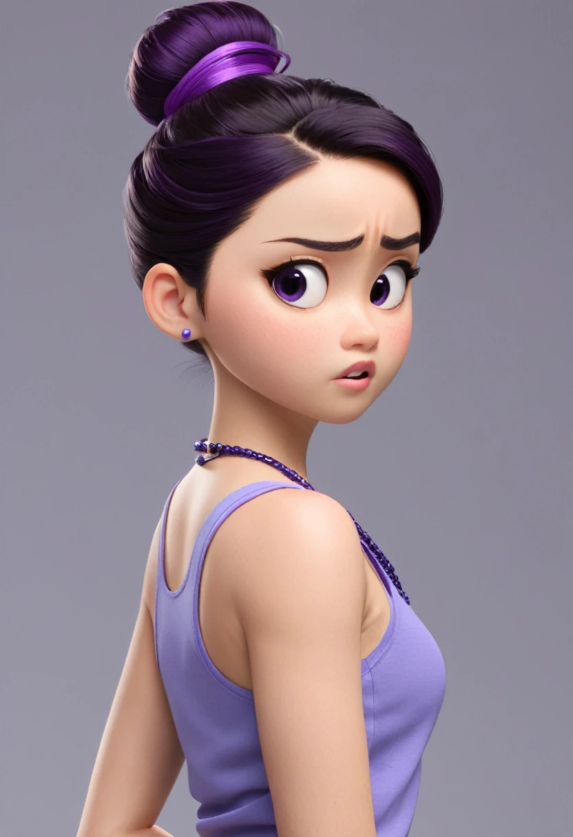 Une Japonaise de 14 ans, cheveux bleu en chignon, collier violet, Grey tank top, terrified, killed by hitman Pixar, (best quality, 4k, 8k, High resolution, chef-d'artwork:1.2), Ultra-detailed, (Realistic, photoRealistic, photo-Realistic:1.37), portraits, Des couleurs vives, studio lighting
