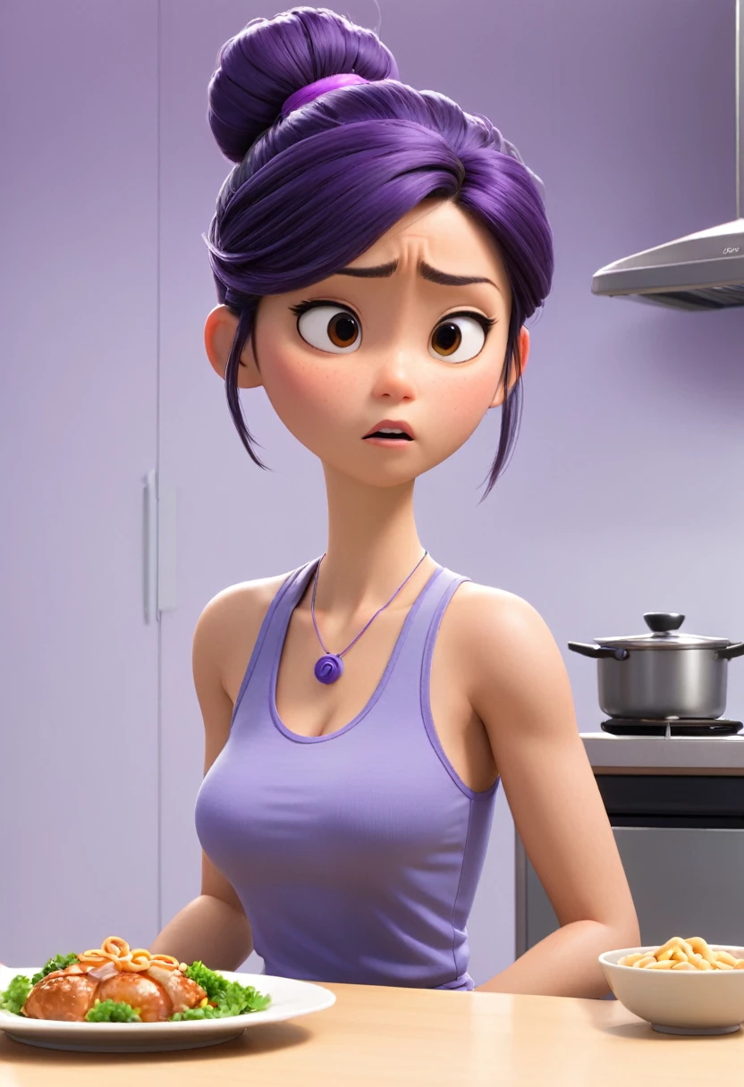 Une Japonaise de , cheveux bleu en chignon, collier violet, Grey tank top, terrified, killed by hitman Pixar, (best quality, 4k, 8k, High resolution, chef-d'artwork:1.2), Ultra-detailed, (Realistic, photoRealistic, photo-Realistic:1.37), portraits, Des couleurs vives, studio lighting