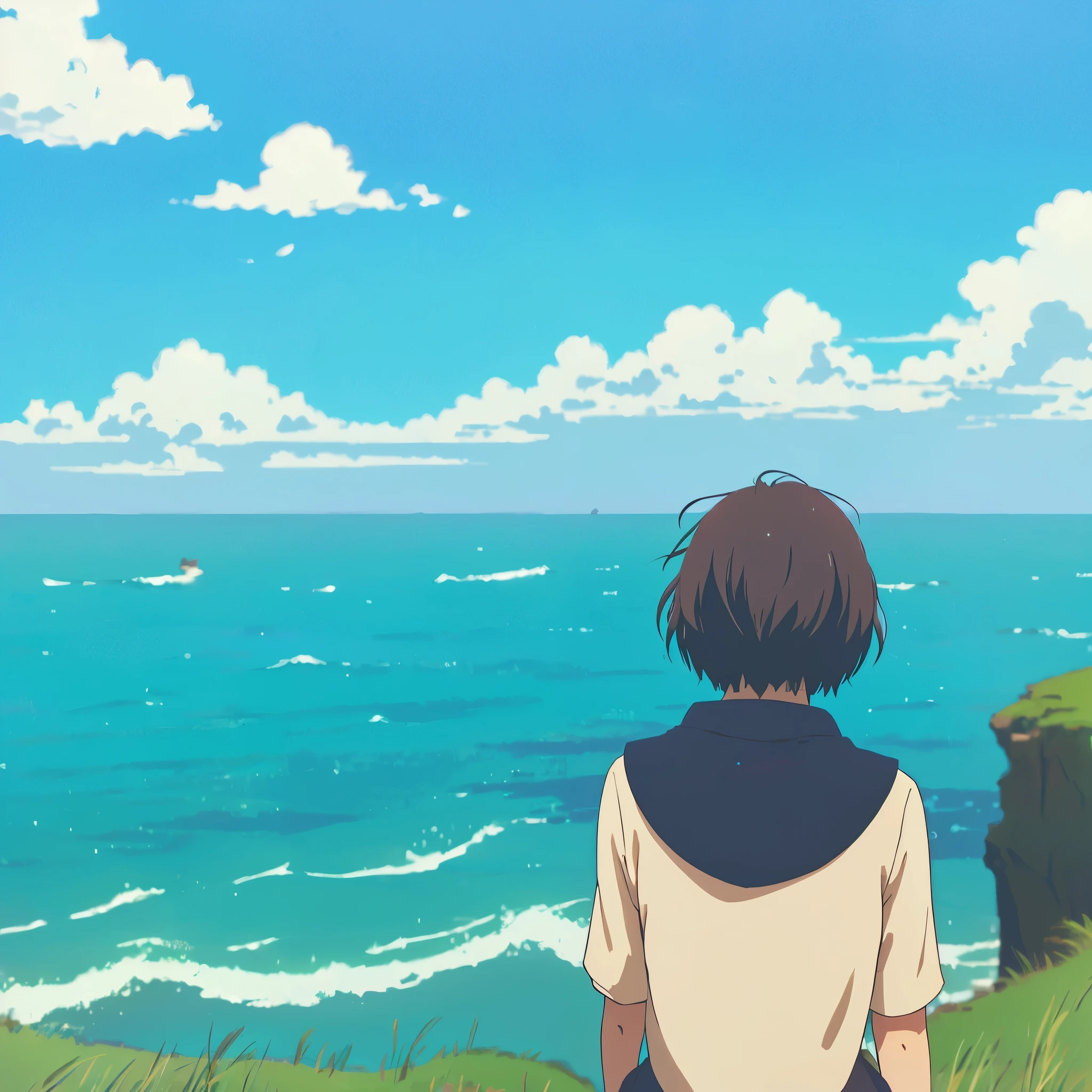 Back view of a short-haired girl looking at the sky、Anime Style、Lo-Fi、Ghibli style、The background is a refreshing seaside、Japanese animation style, Incredible anime movie scenes、Emotional Anime、