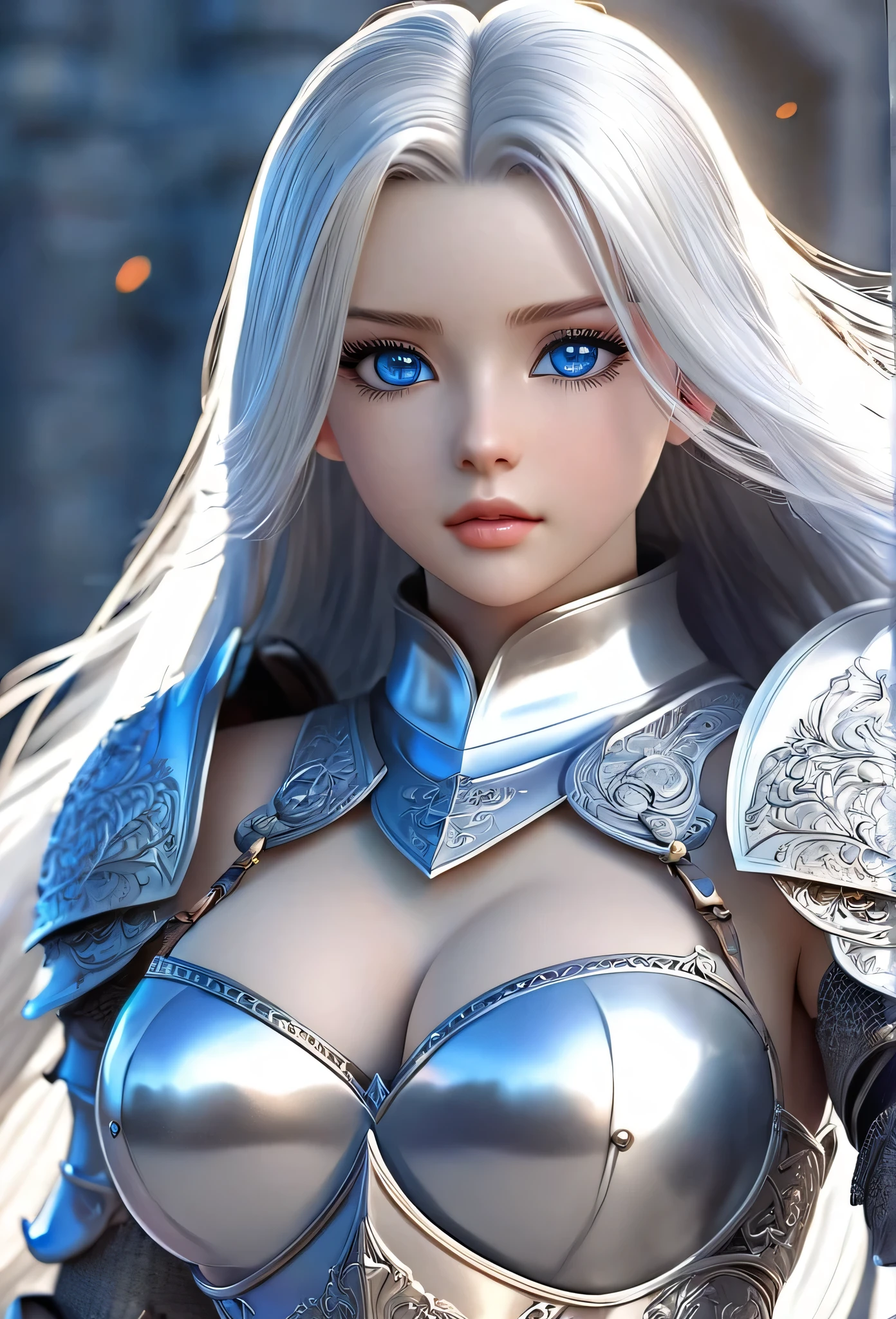 18-year-old girl，Silver long hair，Blue Eyes，Long eyelashes，White skin，Unbelievably huge breasts，((3D anime style))，A knight in revealing silver armor，Wearing a blue aura，Ready your sword，whole body，