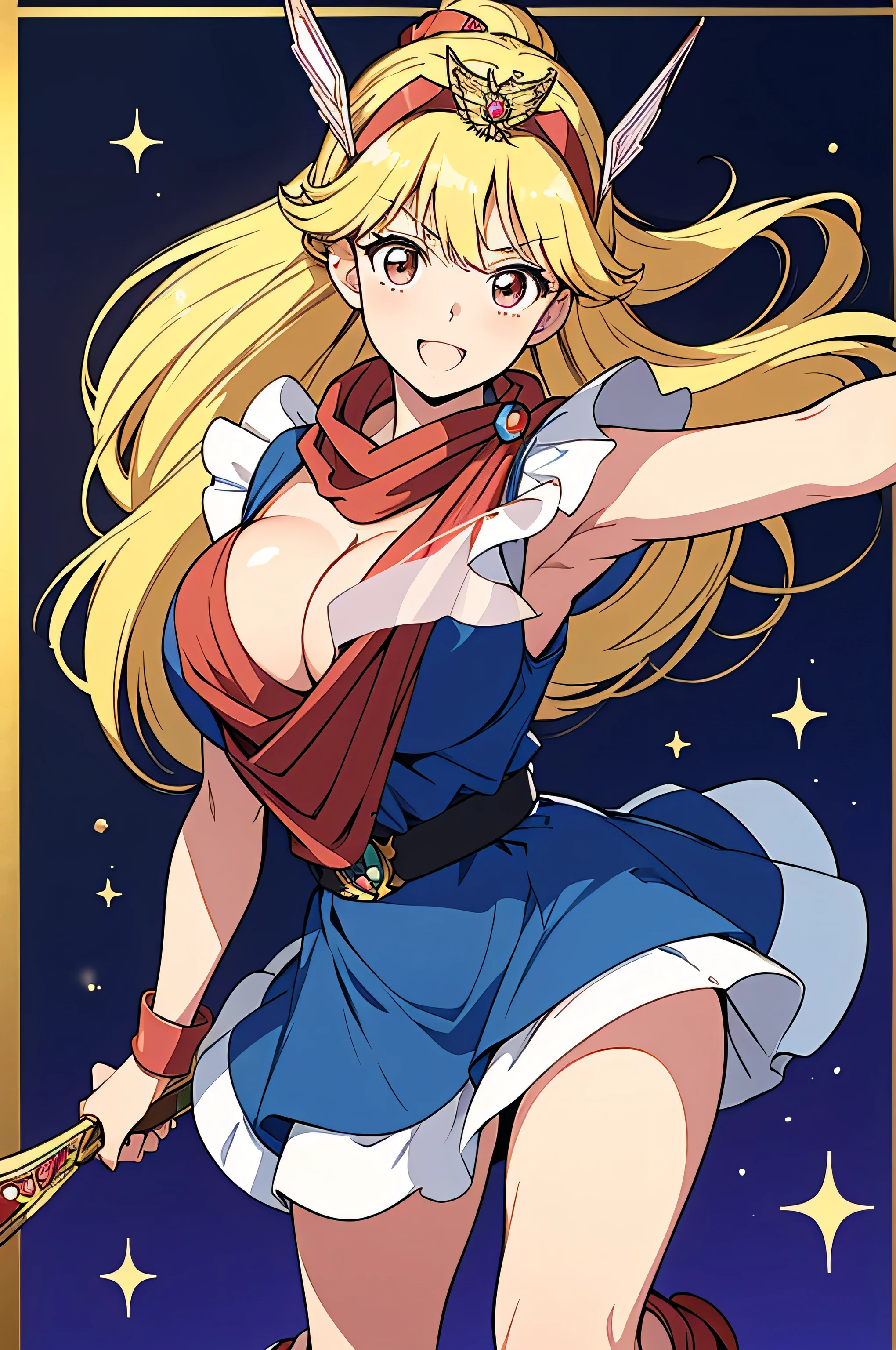 masterpiece,highest quality,8k anime quality,Official Style,Official Art,Anime Coloring Book,super high quality_Anime image quality, High resolution, 8k, wallpaper,Very detailed,Perfect Eyes,Perfect Face,(Beautiful Face:1.2),Glowing Skin,Focus on the chest, ((MagicalPrincess, Sleeveless blue dress,Blue mini skirt,hair band,Scapula,boots,Red scarf,tiara,White shoes,)),1 girl, alone, Blonde Hair,Long Hair, Brown eyes, (Large Breasts:1.4), (smile、Confident), Full Body Shot, Combat pose, Readying a bow and arrow、(Castle Background,On top of the fortress),