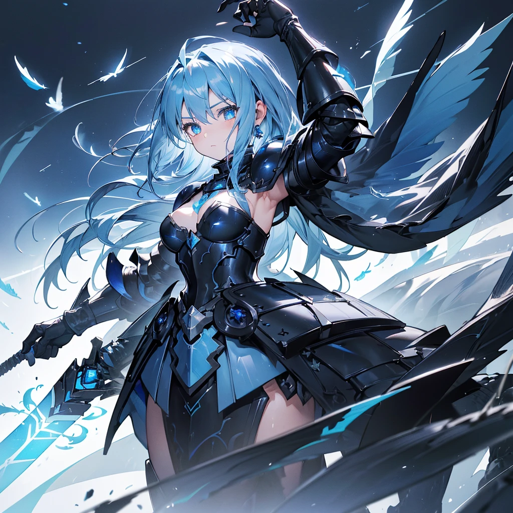 ((high resolution Blue Hair long髪 Black Armor Dragon Knight thunder Lonely despair)) ((night Western style chest Shining Aura gloves)) (Big feather Dance Blade of Light Holding a spear long Slashing) night thunder star Slashing Catch the wind