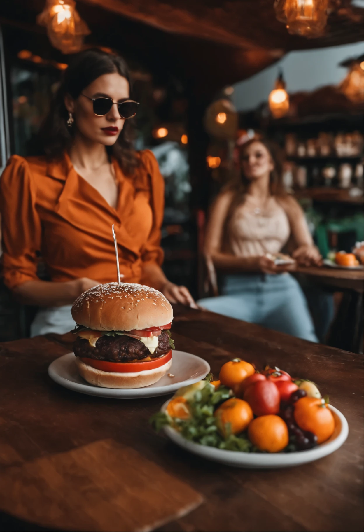 Una carreta rodante con hamburguesas y jugos ccon una chica con mandil blanco