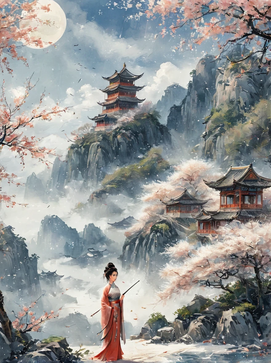 swordswoman, 1girl, architecture ,artist name ,bare tree ,black hair, branch, bridge ,brown eyes, building castle ,cherry blossoms ,chinese clothes ,closed mouth ,cloud ,cloudy sky, day, dress, earrings ,east asian architecture ,flower ,jewelry, lips ,looking at viewer, moon ,mountain ,mountainous horizon ,outdoors, pagoda ,realistic, sky ,snow ,solo ,tower ,tree ,watermark, web address ,winter ,sword ,Hanfu