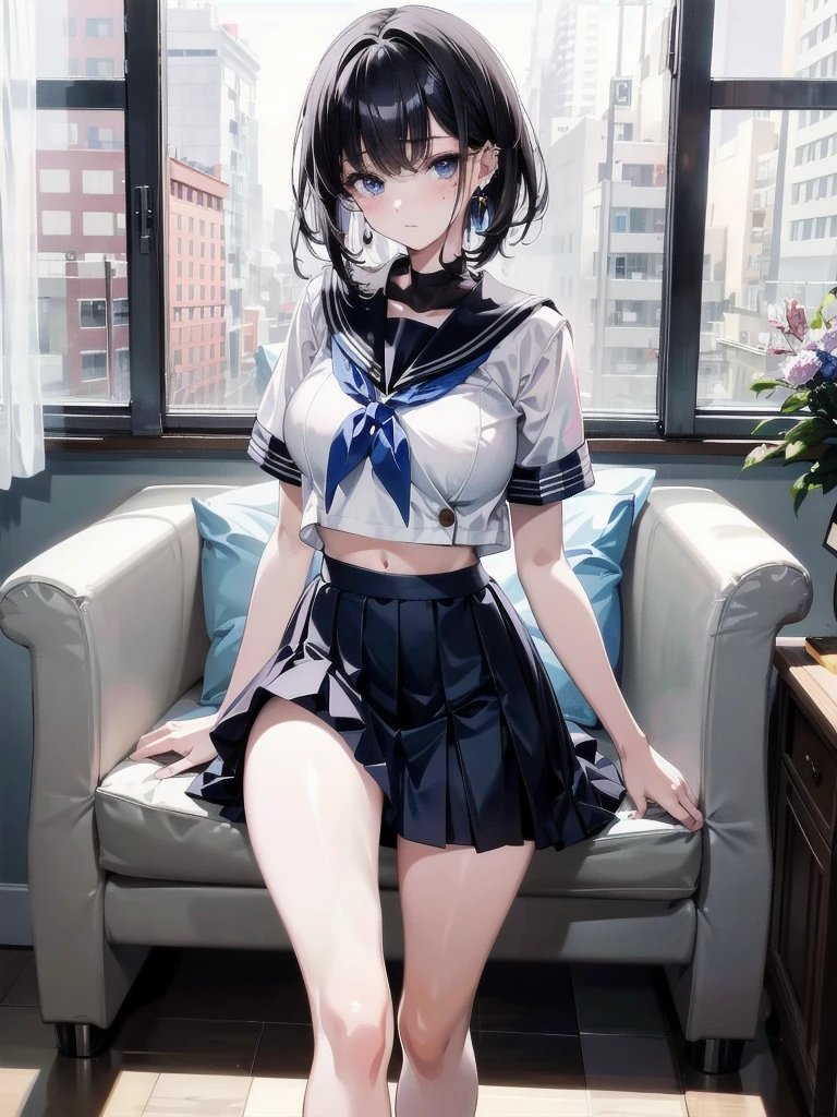 sailor school_uniform, absurdres, RAW photo, extremely delicate and beautiful, masterpiece, Best Quality, ultra high resolution, 32k, hyperrealistic, ultra-detailed, detailed description, pale skin, 20 years old, tearful mole, earring, Colossal tits, short medium hair, wavy hair, full body shot,