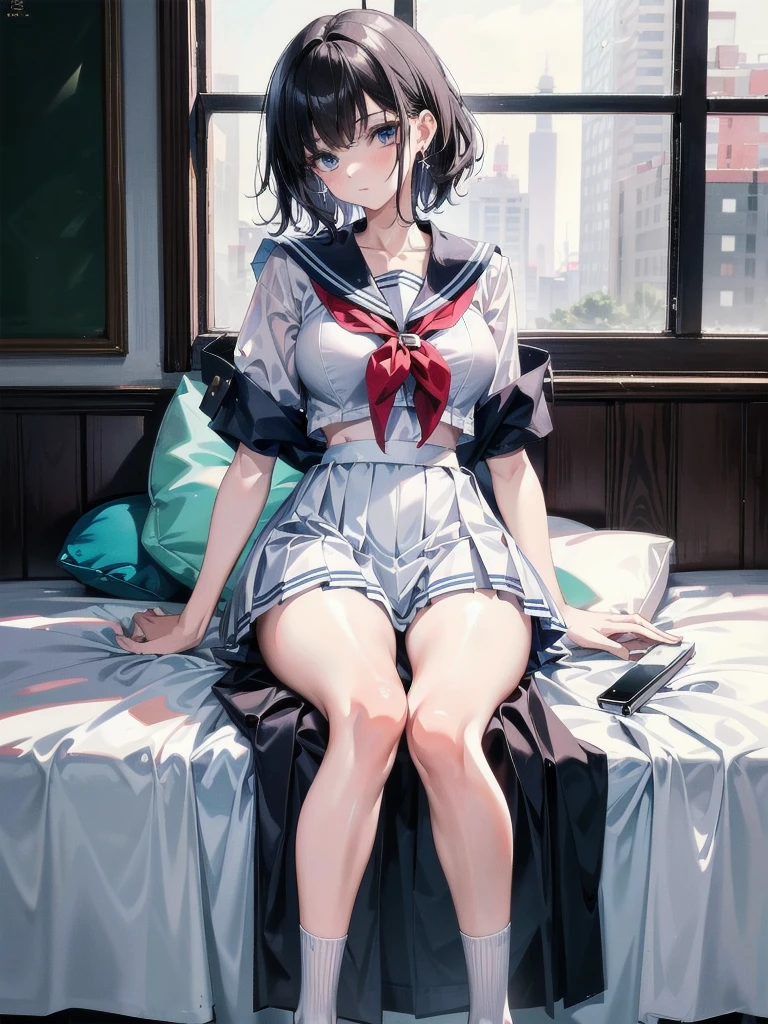 sailor school_uniform, absurdres, RAW photo, extremely delicate and beautiful, masterpiece, Best Quality, ultra high resolution, 32k, hyperrealistic, ultra-detailed, detailed description, pale skin, 20 years old, tearful mole, earring, Colossal tits, short medium hair, wavy hair, full body shot,