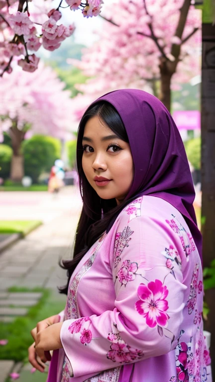 an Indonesian chubby goddess in a fuchsia colour hijab and a black gamis with abstract printed of pink and purple flowers, cherry blossom, detailed detail, ultra sharp image,
