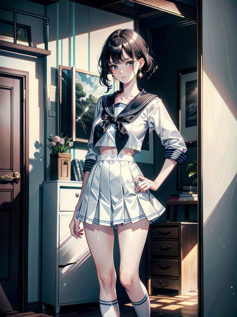(Masterpiece, super detailed, highly detailed),best quality, official art, Highly detailed CG Illustration,(delicate and beautiful),ung woman,(cinematic lighting),white skin, body wrapped bandages,(school uniform,white shirt,mini skirt),cyan skirt,black pantyhose, appocalypthic background:1.4,(musculature,abs:1.2)