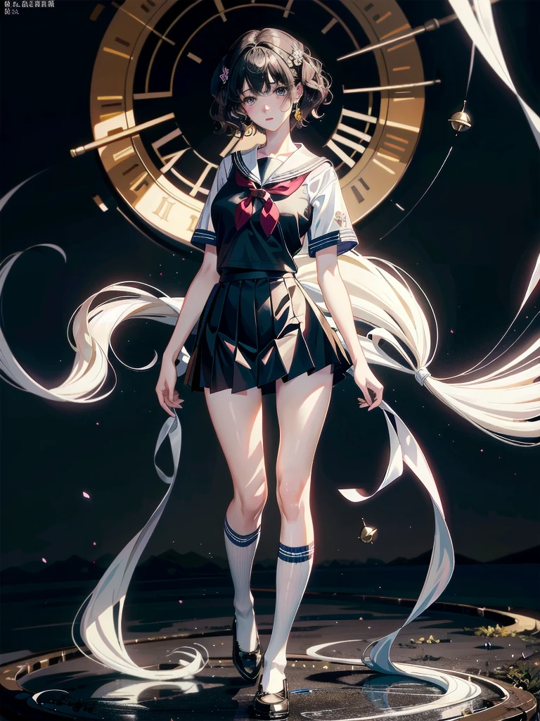 sailor school_uniform, absurdres, RAW photo, extremely delicate and beautiful, masterpiece, Best Quality, ultra high resolution, 32k, hyperrealistic, ultra-detailed, detailed description, pale skin, 20 years old, tearful mole, earring, Colossal tits, short medium hair, wavy hair, full body shot,