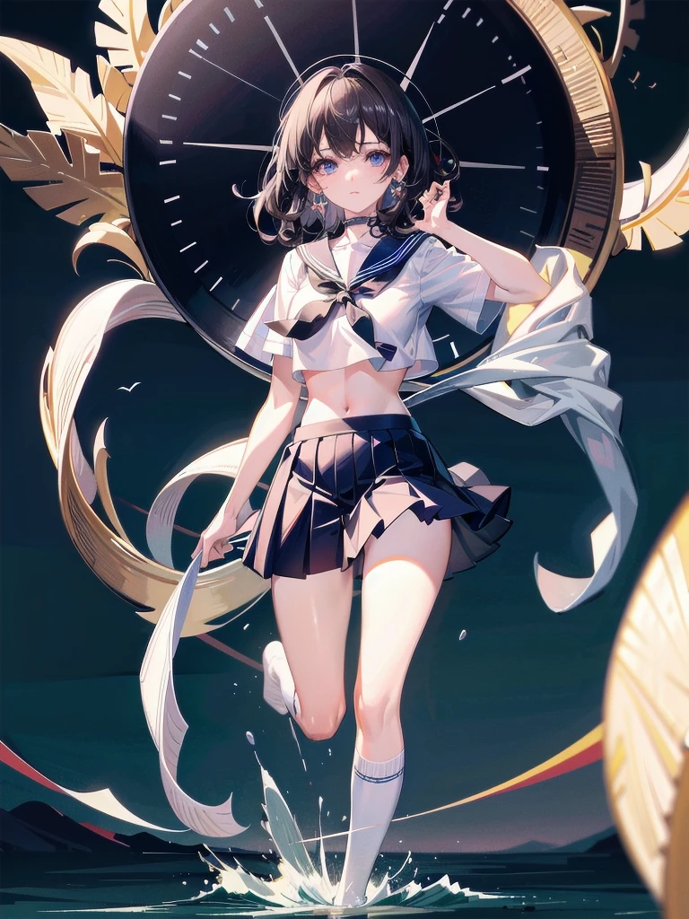 sailor school_uniform, absurdres, RAW photo, extremely delicate and beautiful, masterpiece, Best Quality, ultra high resolution, 32k, hyperrealistic, ultra-detailed, detailed description, pale skin, 20 years old, tearful mole, earring, Colossal tits, short medium hair, wavy hair, full body shot,