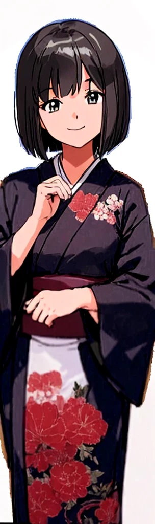 A girl with a bob haircut is standing in a kimono at a ryokan with her eyes slightly open and smiling.。