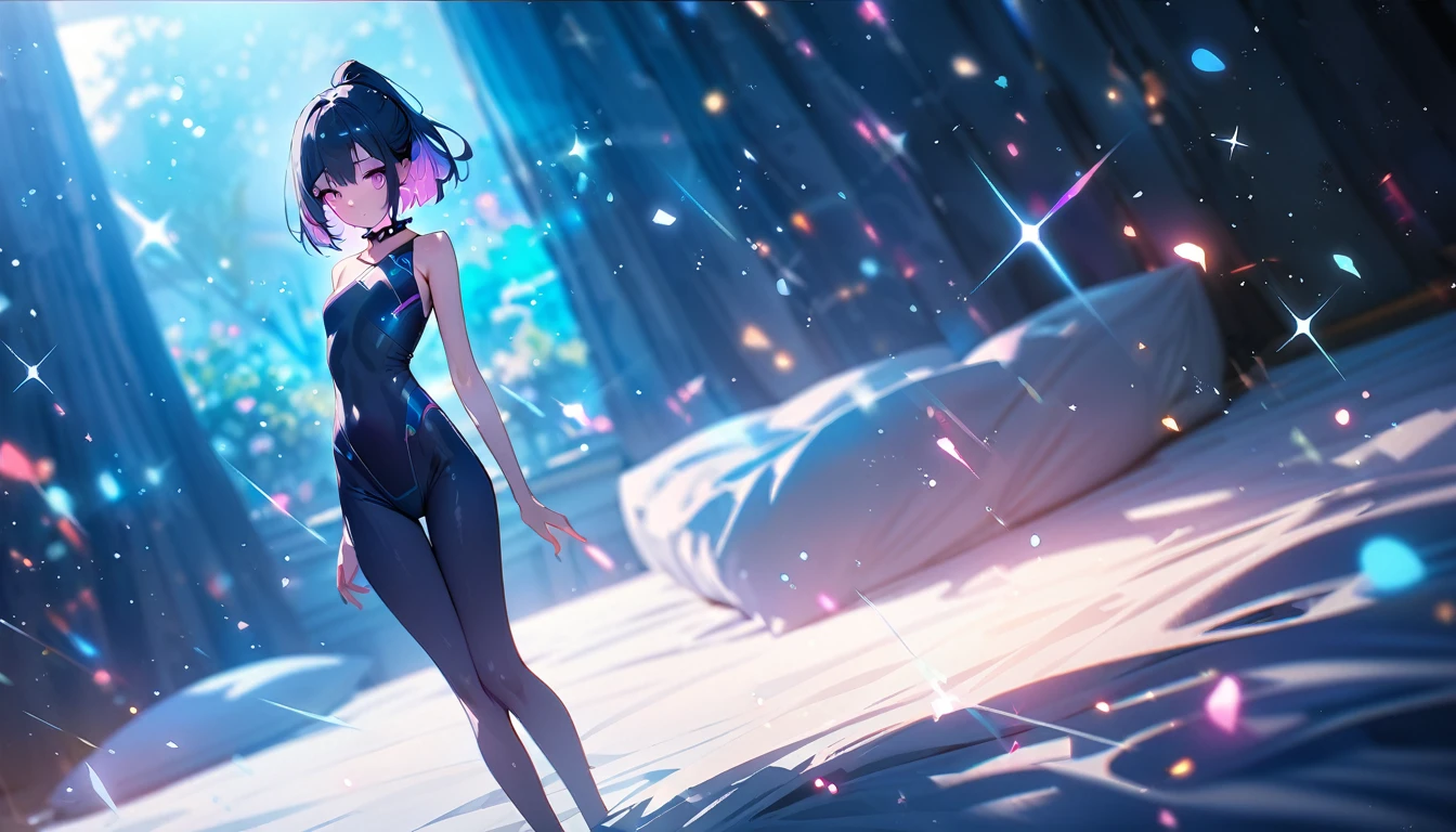 (best quality:1.2, top quality, highest resolution:1.2, masterpiece:1.3, high quality, high res, 4k), (visual effects), depth of field, (enhanced scene), light particles, haze, [sparkle sparkle], soft colors, [full body shot], [detailed] ((one girl, skinny body,  size, short hair, high ponytail hairstyle, dark blue outer hair, (cyan inner hair), pink eyes, wears contact glasses)). (wears spiked collar, napping on the bed, dynamic angle) 
