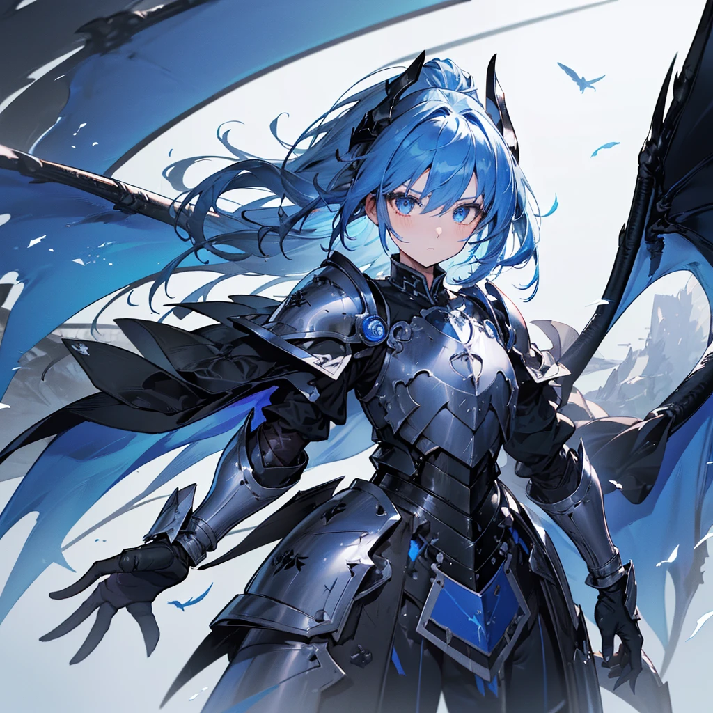 ((high resolution　Blue Hair　long髪　Black Armor　Dragon Knight　thunder　Lonely　despair))　((night　Western style　chest　Shining Aura　gloves))　(Big feather　Dance　Blade of Light　Holding a spear　long　Slashing)　night　thunder　star　Slashing　Catch the wind　