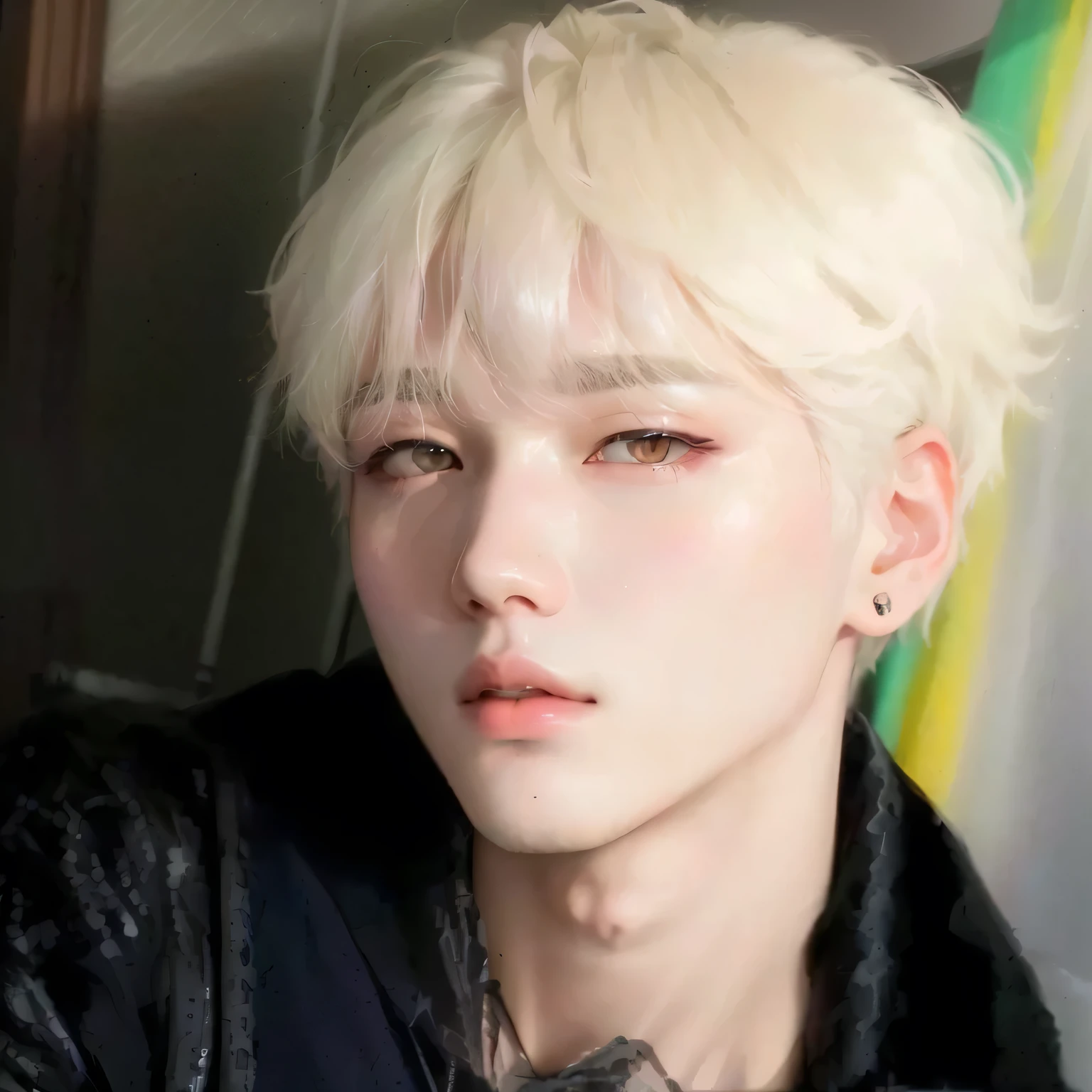 Hombre arafed con cabello rubio y ojos azules posando para una foto., yoongi de pelo negro, chico rubio con ojos amarillos, cai xukun, Jimin\los labios carnosos, kpop idol portrait, marimacho de pelo corto platino, Kim Doyoung, Jimin\his right eyelid is swollen, inspirado en Kun Can, Jung Jaehyun, pintar ulzzang, flequillo blanco, BTS SUGA, SUGA BTS, BTS yoongi, yoongi BTS, kpop idol, pretty face, pretty lips, angelic eyes, angelic lips, angelic face, kpop pretty idol, pretty face, pretty nose