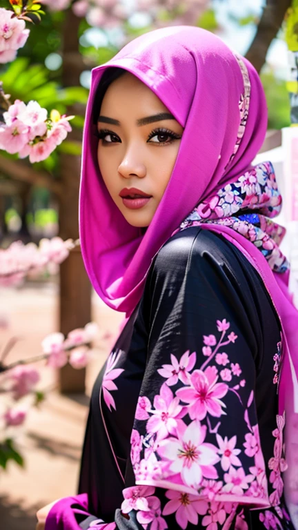 an Indonesian goddess in a fuchsia colour hijab and a black gamis with abstract printed of pink and purple flowers, cherry blossom,  detailed detail, ultra sharp image,