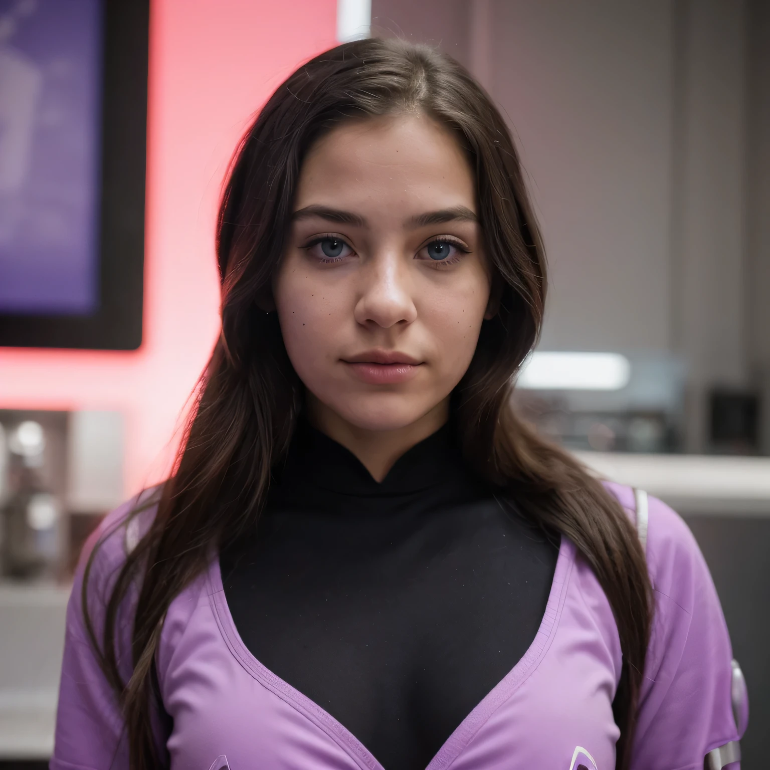 photo of a college student,, in Purple Pink, futuristic space suit, (freckles:0.8) cute face, sci-fi, dystopian, detailed eyes, cobalt blue eyes((Side view))Listen to the Bar