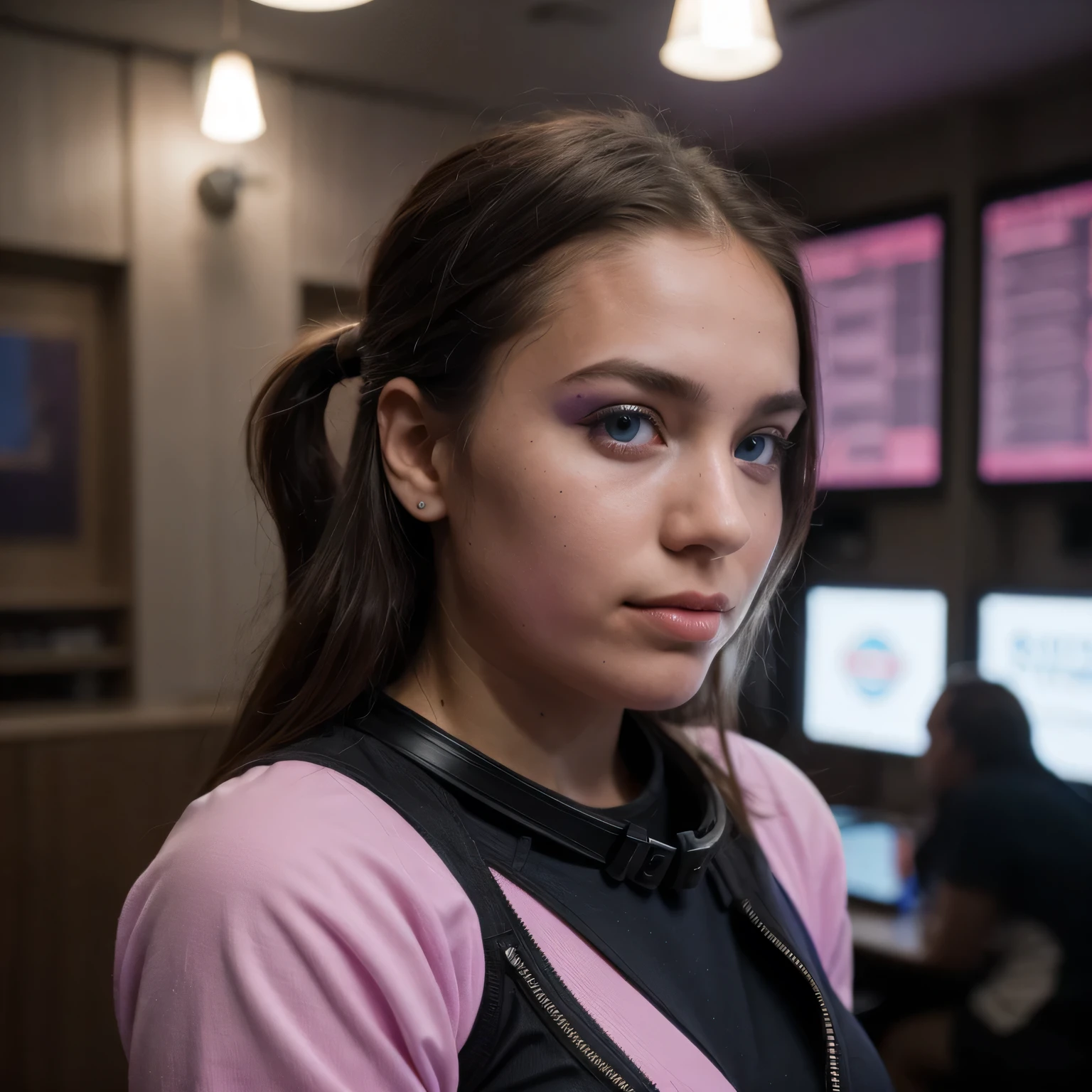 photo of a college student，, in Purple Pink, futuristic space suit, (freckles:0.8) cute face, sci-fi, dystopian, detailed eyes, cobalt blue eyes（（Side view））Listen to the Bar