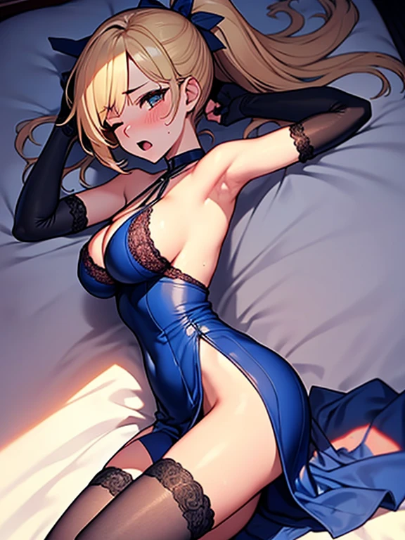 (highest quality, High resolution, perfect pixel, Depth of bounds written, 4K), (from above), hotel room, detailed eyes, (1 lady), tall, (skinny body:1.2) , (thin thighs:1.2), large breasts, (side boob), blond hair, (ponytail:1.2), (midnight blue one side slit dress:1.2), (sleeveless), cross halter, bare back, elbow gloves, (lace legwear:1.2), (lying on back:1.2), (arm up), (sad), blush, open mouth, one eye closed, sweat,