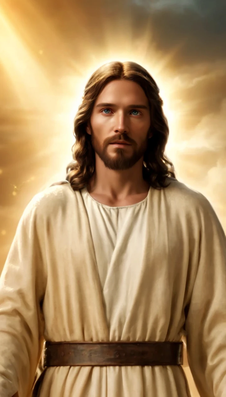 (best quality,8k,highres,masterpiece:1.2),ultra-detailed,realistic:1.37,jesus christ,angel armor,glowing wings,fiery sword,flying,divine light,heavenly backdrop,celestial aura,divinity,graceful motion,detailed facial features,flowing golden hair,serene expression,vivid colors,sacred symbolism,spiritual power,divine intervention,ethereal beauty,luminous halo,holy atmosphere,transcendent presence,hope and salvation, real images like full hd photography jesus christ flying and a giant image of god in the sky jesus with a golden halo and a star in his hand, a picture by Aleksander Kobzdej, shutterstock, renaissance, jesus christ, holy sacred light rays, jesus christ in mass effect, jesus face, holy imagery, jesus christ going super saiyan, holy energy, glowing halo above his head, black jesus, cyberpunk jesus christ, jesus