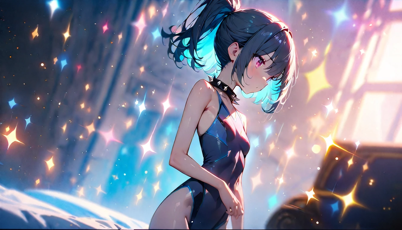 (best quality:1.2, top quality, highest resolution:1.2, masterpiece:1.3, high quality, high res, 4k), (visual effects), depth of field, [enhanced scene, light particles, haze, sparkle sparkle], soft colors, [full body shot], [detailed] ((one girl, skinny body,  size, short hair, high ponytail hairstyle, dark blue outer hair, (cyan inner hair), pink eyes, wears contact glasses)). (wears spiked collar, napping on the bed, dynamic angle) 