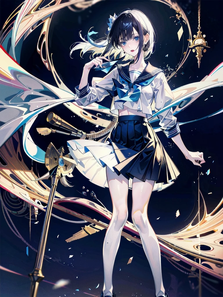 sailor school_uniform, absurdres, RAW photo, extremely delicate and beautiful, masterpiece, Best Quality, ultra high resolution, 32k, hyperrealistic, ultra-detailed, detailed description, pale skin, 20 years old, tearful mole, earring, Colossal tits, short medium hair, wavy hair, full body shot,