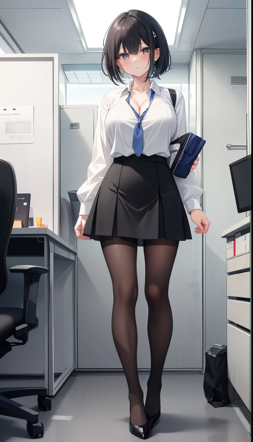 One Girl、positive、Standing posture、Full body portrait、Black Hair、Medium Haircut、blush、Absolute area、Black knee-high socks、Knee-length、stockings、Black Pantyhose、White underwear、Light blue shirt、Blue-gray business suit、Grey tight mini skirt、Japanese office lady、Summer clothes、office、Daytime、(Very large breasts)、Cleavage、open chest shirt、((Lesbians all over))、masterpiece、(highest quality)、
Panties around the ankles、Black high heels