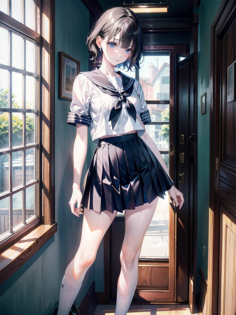 (masterpiece), 4K,woman,Long sleeve sailor suit,Tied up hairstyle,Small breasts,Small Ass,Curly Twin Tails,Natural light, Realistic, skinny, Grin,Long nipples,Areola,,good,((,Knee-length bloomers)),Are standing,rain,umbrella