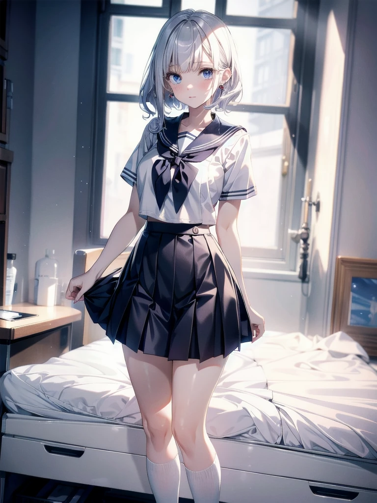 sailor school_uniform, absurdres, RAW photo, extremely delicate and beautiful, masterpiece, Best Quality, ultra high resolution, 32k, hyperrealistic, ultra-detailed, detailed description, pale skin, 20 years old, tearful mole, earring, Colossal tits, short medium hair, wavy hair, full body shot,