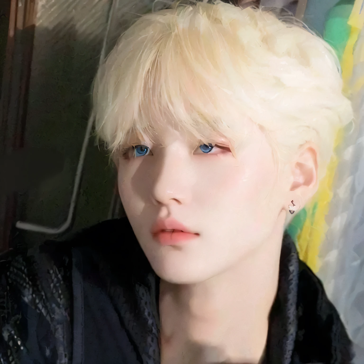 Hombre arafed con cabello rubio y ojos azules posando para una foto., yoongi de pelo negro, chico rubio con ojos amarillos, cai xukun, Jimin\los labios carnosos, kpop idol portrait, marimacho de pelo corto platino, Kim Doyoung, Jimin\his right eyelid is swollen, inspirado en Kun Can, Jung Jaehyun, pintar ulzzang, flequillo blanco, BTS SUGA, SUGA BTS, BTS yoongi, yoongi BTS, kpop idol, pretty face, pretty lips, angelic eyes, angelic lips, angelic face, kpop pretty idol, pretty face, pretty nose