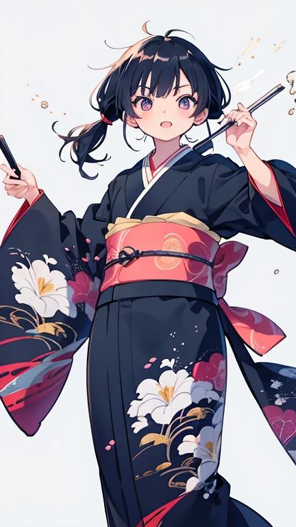 Anime Style,highest quality, masterpiece,Black Hair,Pigtails, Flashy kimono, iris,Simple Background,One Man, Exciting movement,Japanese style,Goemon,Torsion,Handsome
