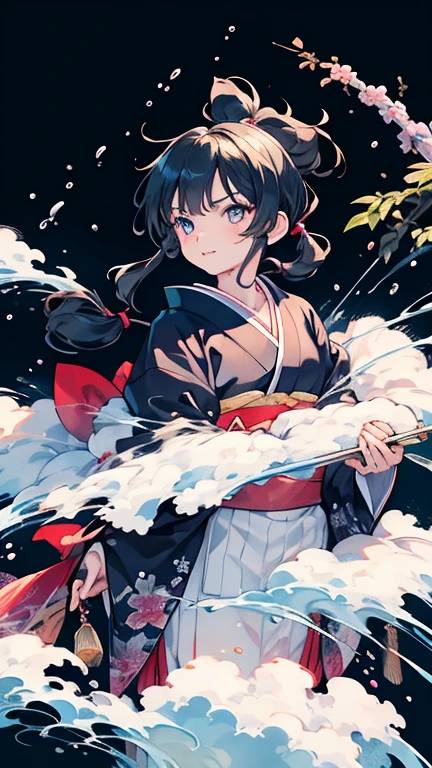 Anime Style,highest quality, masterpiece,Black Hair,Pigtails, Flashy kimono, iris,Simple Background,One Man, Exciting movement,Japanese style,Goemon,Torsion,Handsome