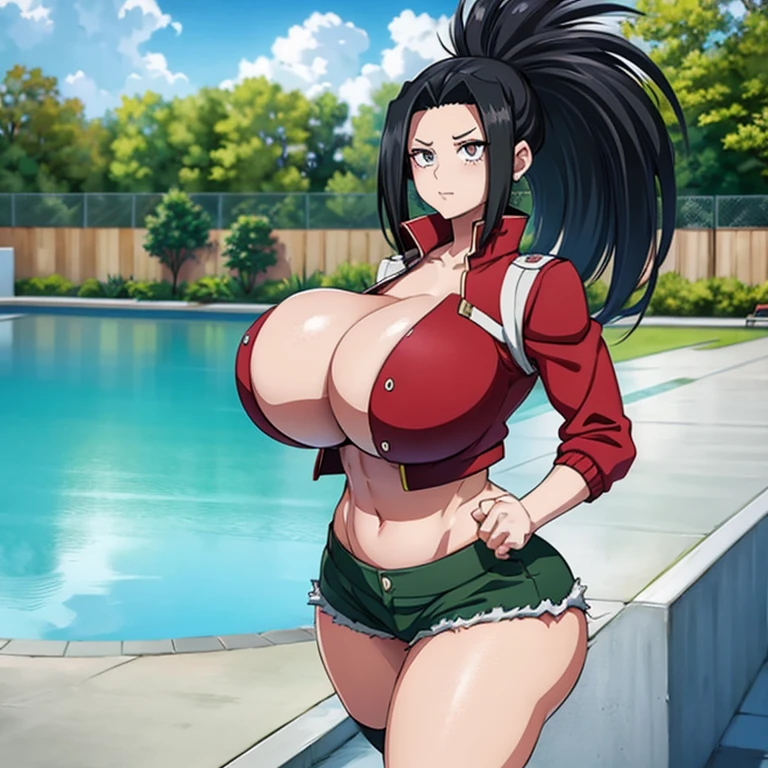 Super-detailed, 8k HD, Momo Yaoyorozu (My Hero Academia), 1 girl, solo, long black hair, detailed hand and face, busty body, curvy body, big breast, large butt, slender hip, crop top and hot pants, jacket, walking around the pool