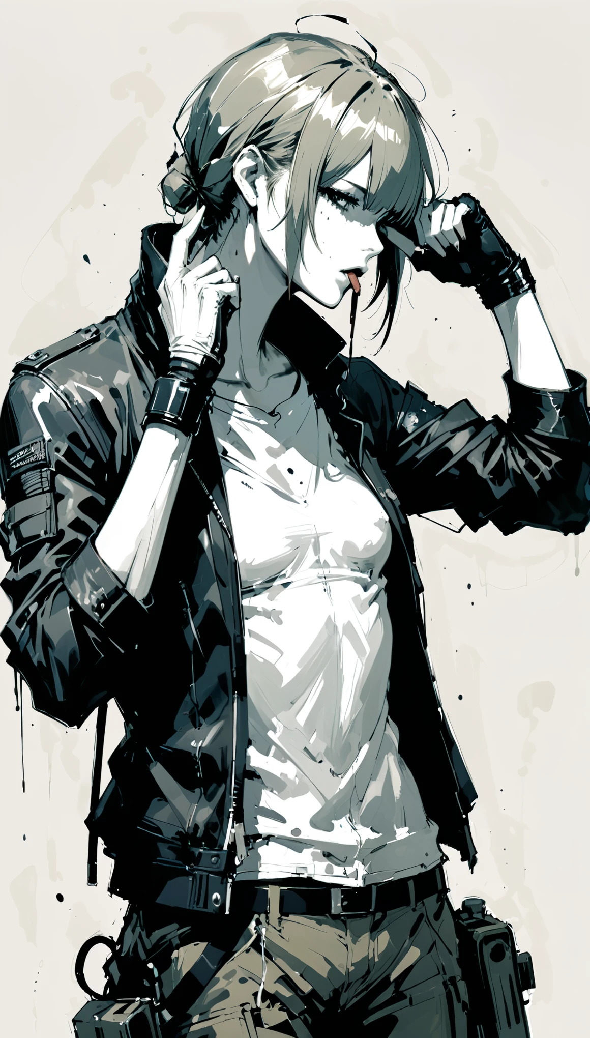 in style of Ashley Wood,1boy,role conception,Finger in throat