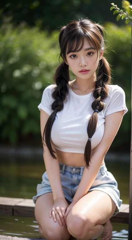 neat college girl、(student clothes、Ribbon knot at chest、summer clothing、White shirt on the upper body、Pleated skirt dark blue)、Outside the field、(Slimed)、Photorealsitic、detaileds, Skin Texture, ultra-detailliert、Delicate and sexy collarbone、Super Detailed Face、Detailed lips、A detailed eye、二重まぶた、tiny chest、Smaller chest、small tit、Small、flat breast、Chest emphasis、Very distressed look、Very embarrassed look、Lift the hem of the skirt yourself,、Show the camera your white panties、10years old girl、Braids