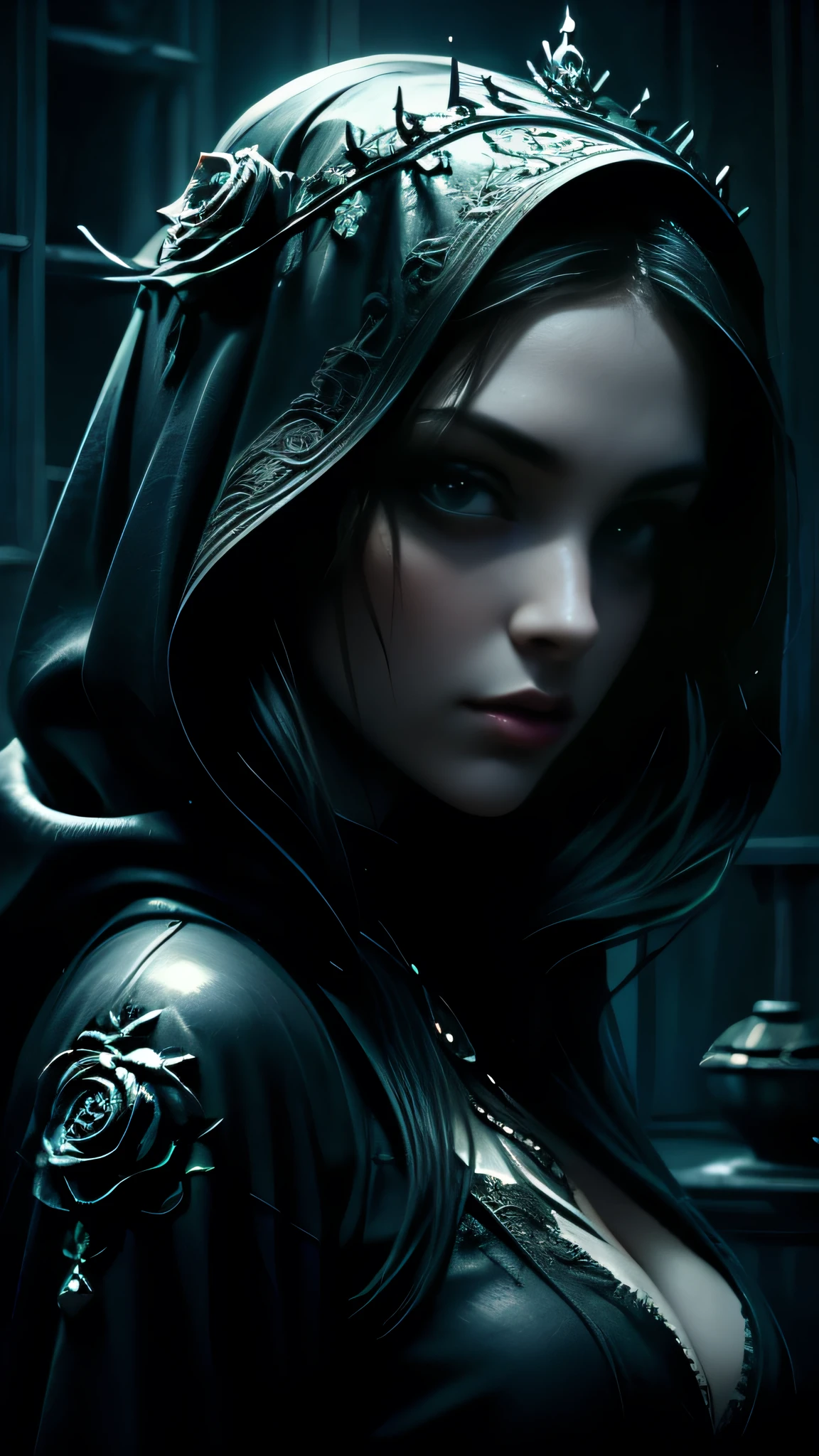 ((masterpiece)), ((Best quality)), ((Close-up: 1.0))woman in a hood and roses in her hair, dark fantasy style, in the style of dark fantasy art, gothic fantasy art, dark fantasy art, dark fantasy art, gothic maiden, She is the queen of black roses, Dark fantasy mixed with realism, dark fantasy style, gothic maiden of the dark, gothic art, gloomy, but detailed digital art, dark fantasy artwork