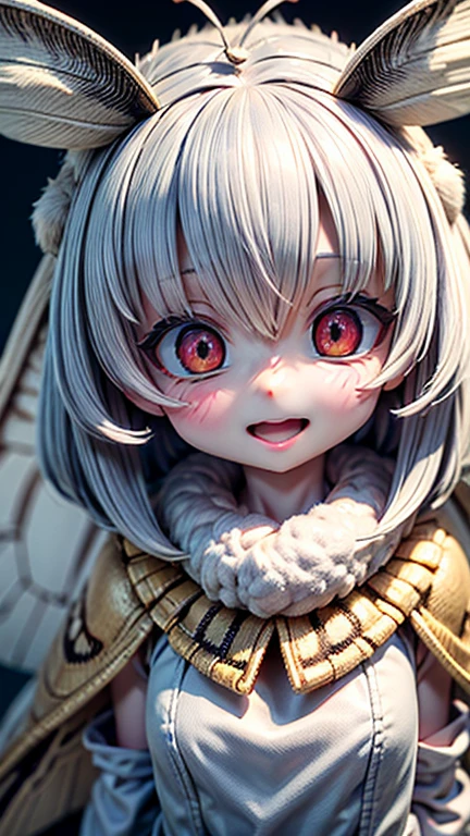 solo,1woman\(cute,kawaii,small kid,skin color white,short white hair,(big moth wing hair:1.7),white dress\(beautiful race\),(2moth antennaes at hair:1.7),big smile,open mouth,[moth wing on back:2.0],[moth wing on body:2.0],[moth wings:2.0],[extra arm],moth wing is only at hair\),background\(street lights glowing slightly,night\), BREAK ,quality\(8k,wallpaper of extremely detailed CG unit, ​masterpiece,hight resolution,top-quality,top-quality real texture skin,hyper realisitic,increase the resolution,RAW photos,best qualtiy,highly detailed,the wallpaper,cinematic lighting,ray trace,golden ratio,\),(close up:1.4),(nsfw:0.1)