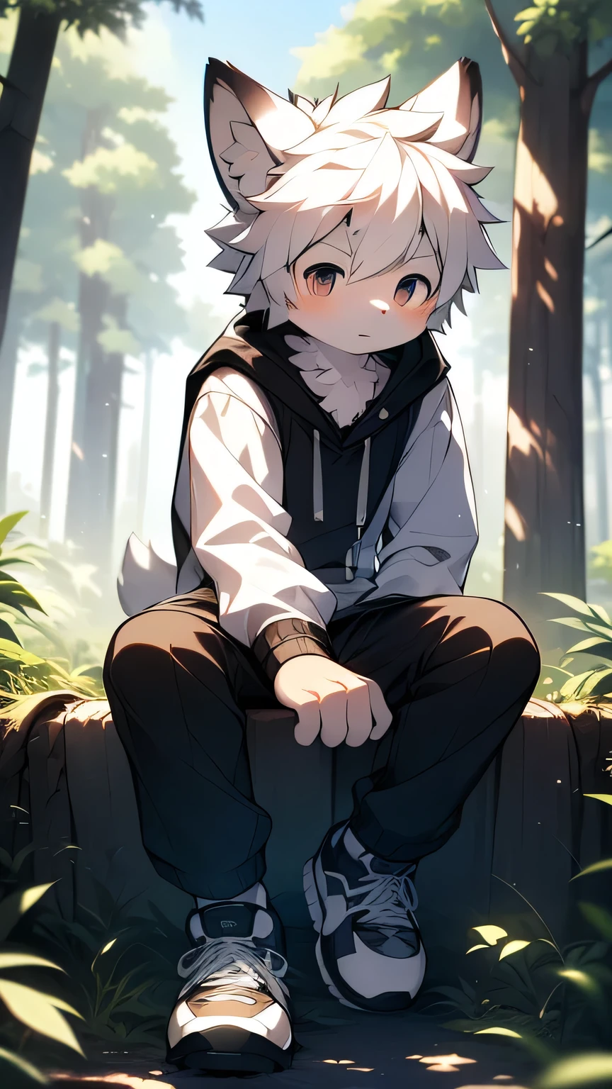 Kirito,Libido boy,furry wolf,((Shota)), Black and white hair, Very good figure, Handsome,adolable, Light:Hazy light and shadow, Reflective skin,Reddish skin,((worn-out clothing,Commoner)) ,((forest,solo,solo person)),Outdoor sunset,((the detail)),(depth of fields),sitting,Wearing black sneakers