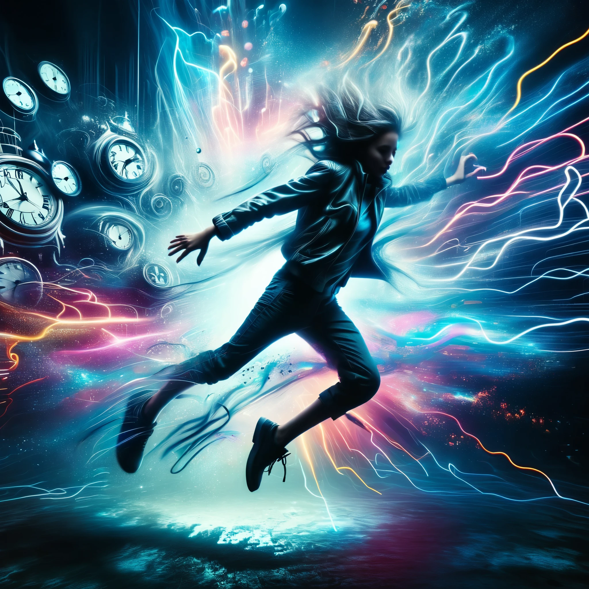 A futuristic, digitally-rendered artwork featuring a figure leaping through a vortex of clock faces and neon light trails. The image represents the concept of time travel and the potential for future advancements.