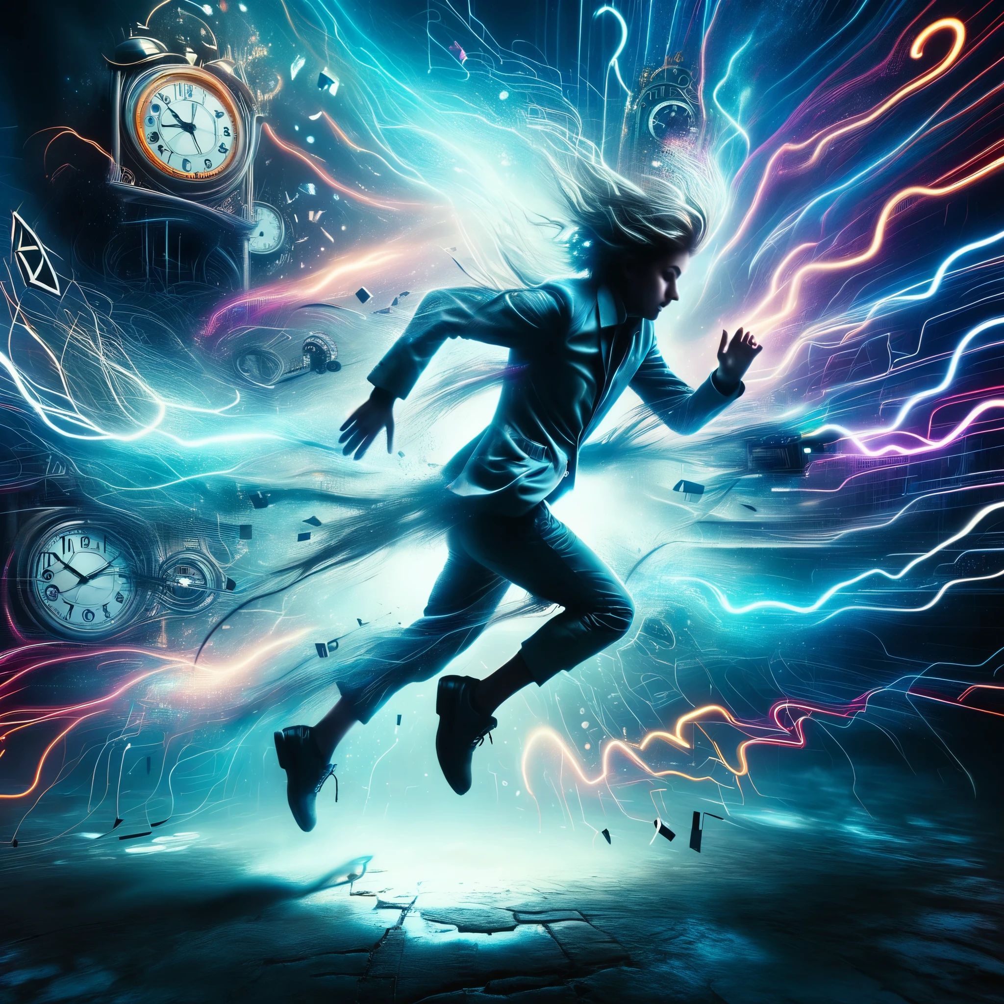 A futuristic, digitally-rendered artwork featuring a figure leaping through a vortex of clock faces and neon light trails. The image represents the concept of time travel and the potential for future advancements.