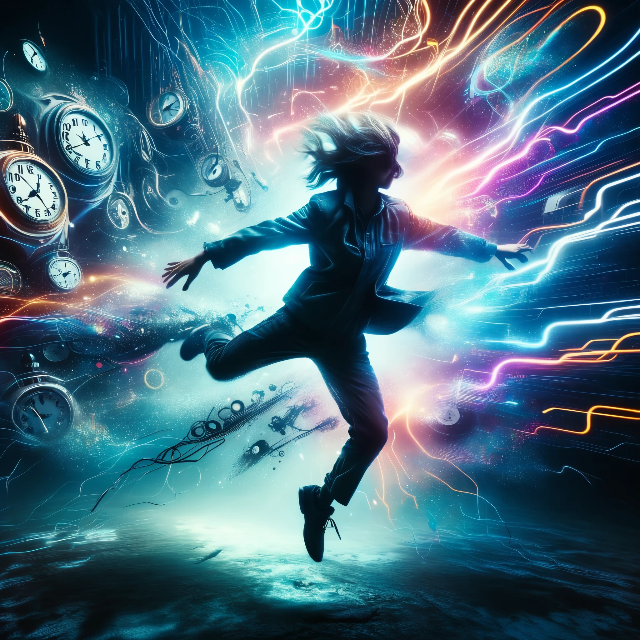 A futuristic, digitally-rendered artwork featuring a figure leaping through a vortex of clock faces and neon light trails. The image represents the concept of time travel and the potential for future advancements.
