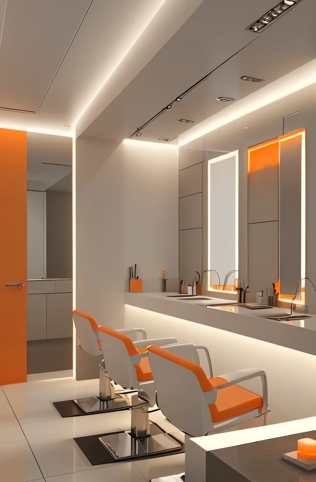 Professional 3d architecture rendering design of modern and French design for hair salon with white and light orange color 