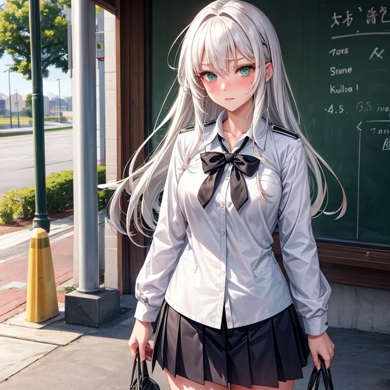 female, dark green eyes, white hair, blushing, high, uniform 