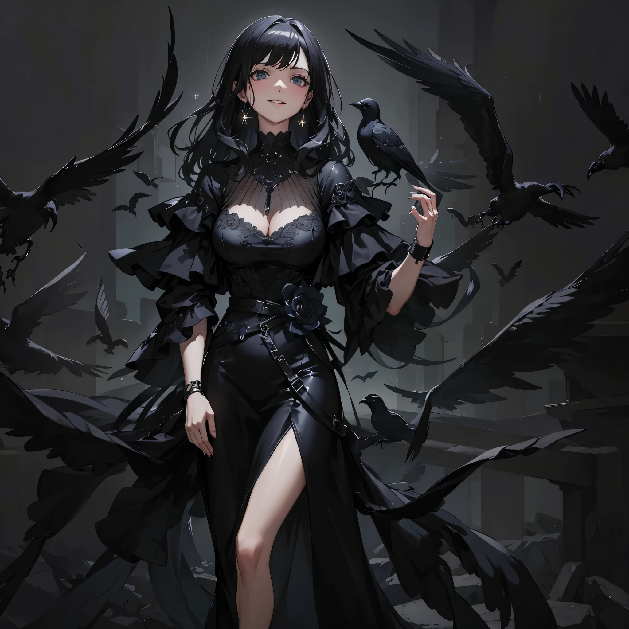 Top quality, masterpiece, 8K, woman with crow on her shoulder, wearing black dress, long black hair, tons of crows flying around, eerie smile