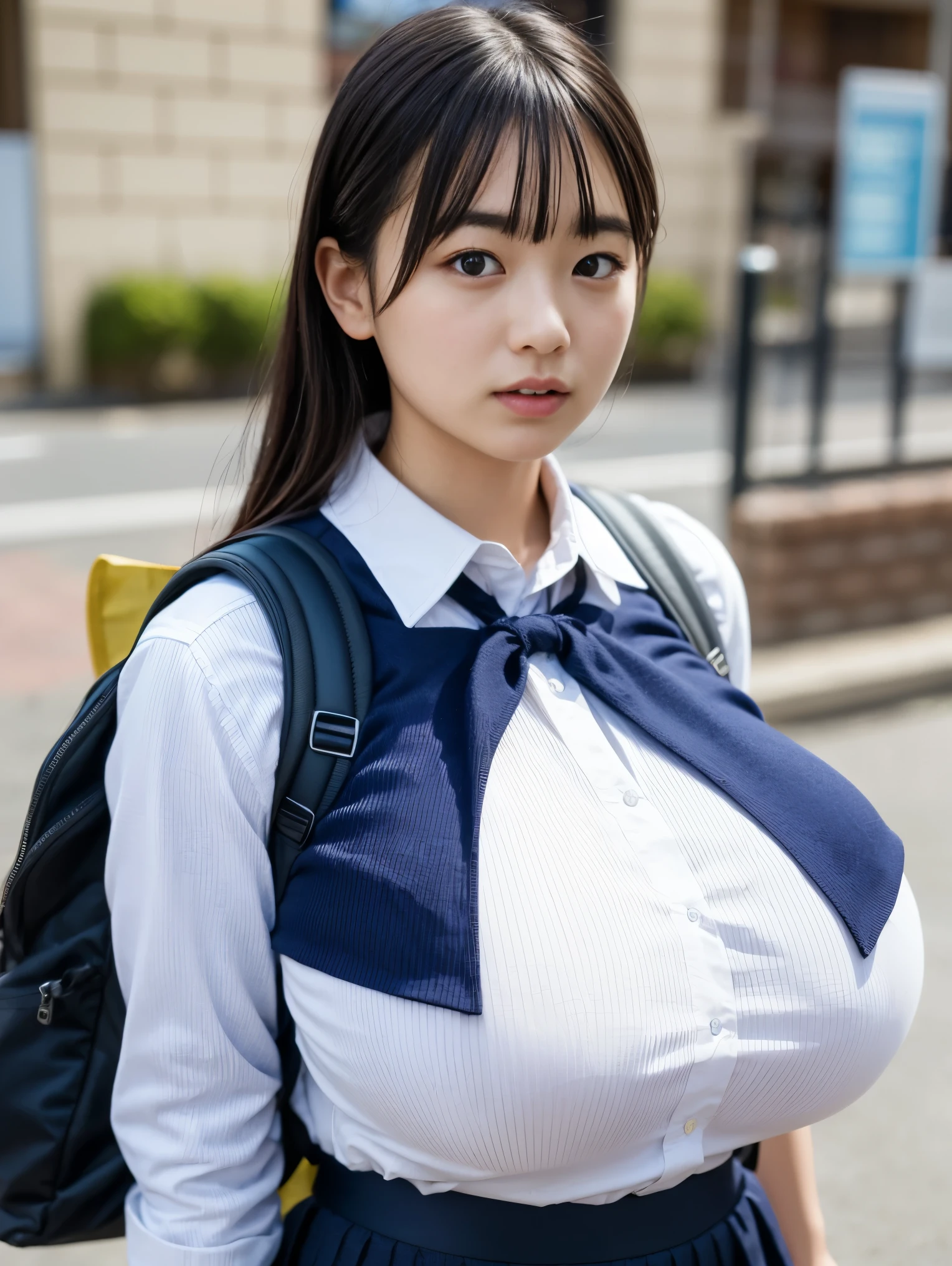 8k, highest quality,Ultra-high resolution, Real stick, (Realistic: 1.5), Japanese Girls, ****************, (Huge breasts:1.98),Large firm breasts,(Small face:0.1),(Short neck:0.1),(shirt),Sweater vest,(Dark Blue Skirt),(rucksack),Glare shyly,