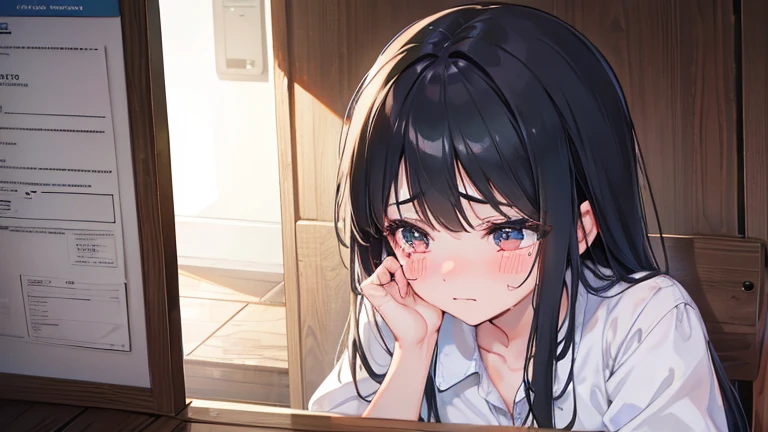 Poor girl sheds sad tears when she sees her mother working very hard