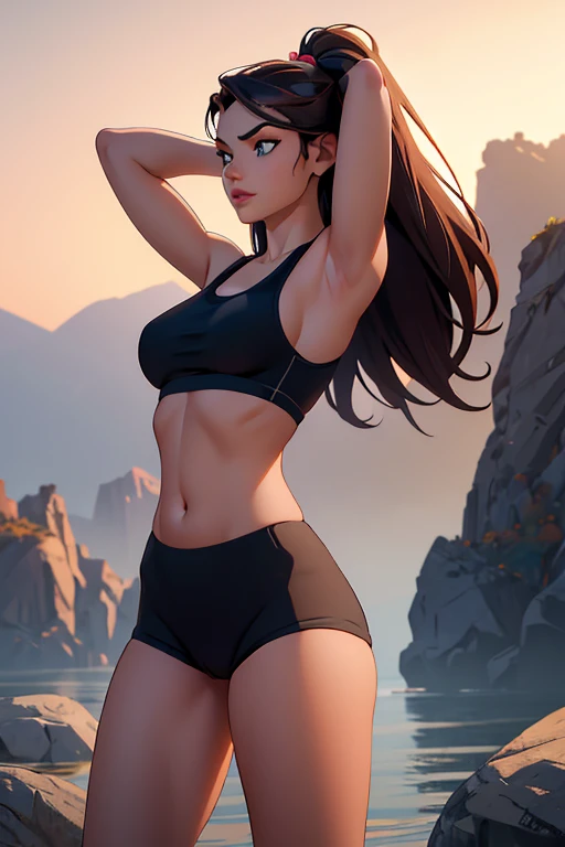 Masterpiece, raw, beautiful art, professional artist, 8k, very detailed face, very detailed hair, 1girl, Kim Possible, wearing tight yoga shorts and sports bra, no labels, no branding, cameltoe, exercising, stretching, yoga poses, in a tranquil mountain dojo, perfectly drawn body, beautiful face, long hair, very detailed eyes, smiling, rosey cheeks, intricate details in eyes, puckered lips, perfect fit body, beautiful body, extremely detailed, intricate details, highly detailed, sharp focus, detailed skin, realistic skin texture, texture, detailed eyes, high resolution, kodak vision color, foto_\(ultra\), post-processing, maximum detail, roughness, real life, ultra realistic, photorealism, photography, absurdres, RAW photo, highest quality, high detail RAW color photo, professional photo, extremely detailed UHD 8k wallpaper unit, best quality, highres, (masterpiece, top quality, high resolution:1.4), photo, cinematic, film grain, sharp, soft natural light, magic photography, super detailed