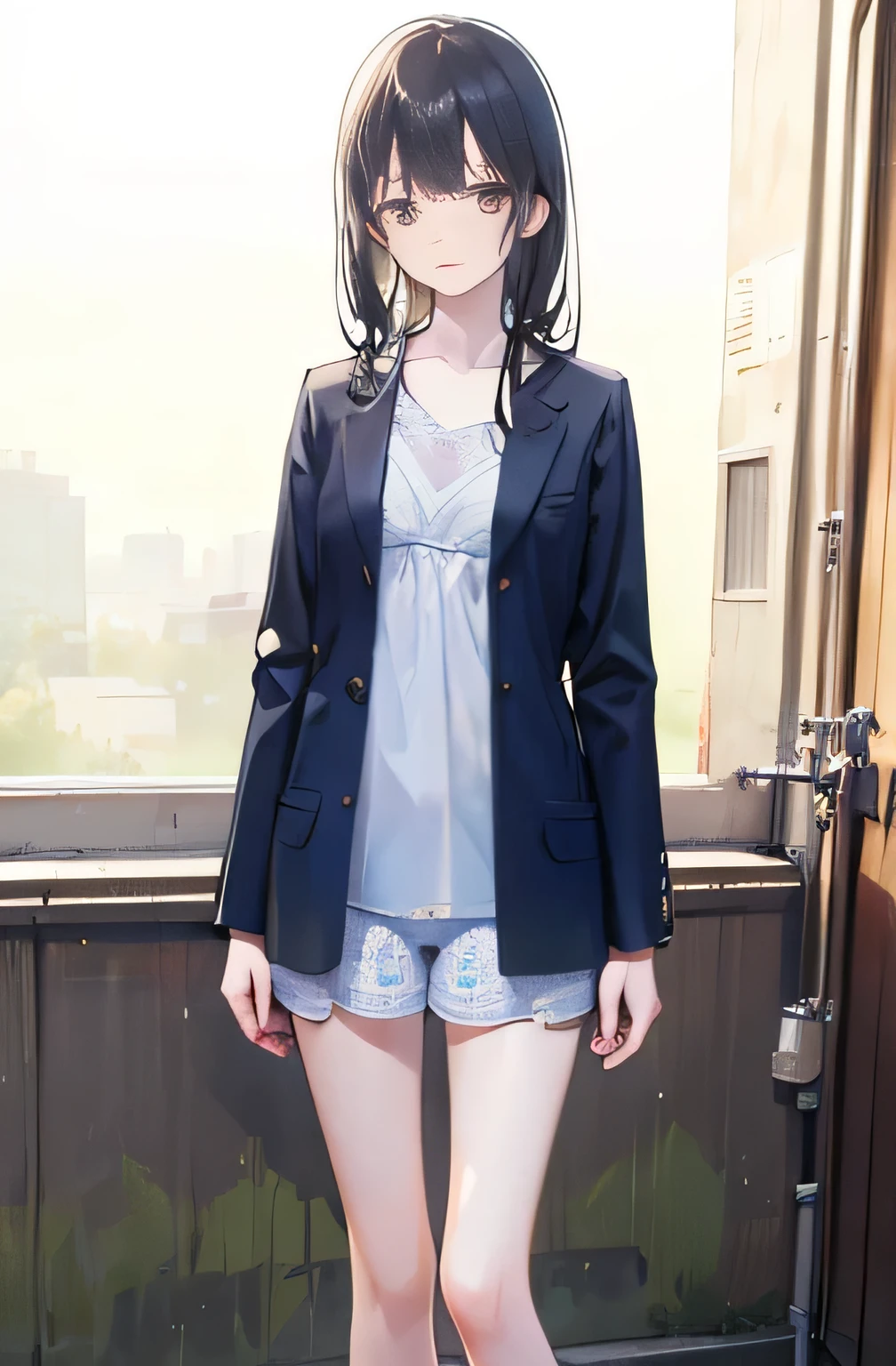 Girls under 8 years old, under 100 height, dress, small breasts, patterned cotton panties, fabric realistic, black long hair, no jacket, abandoned hospital