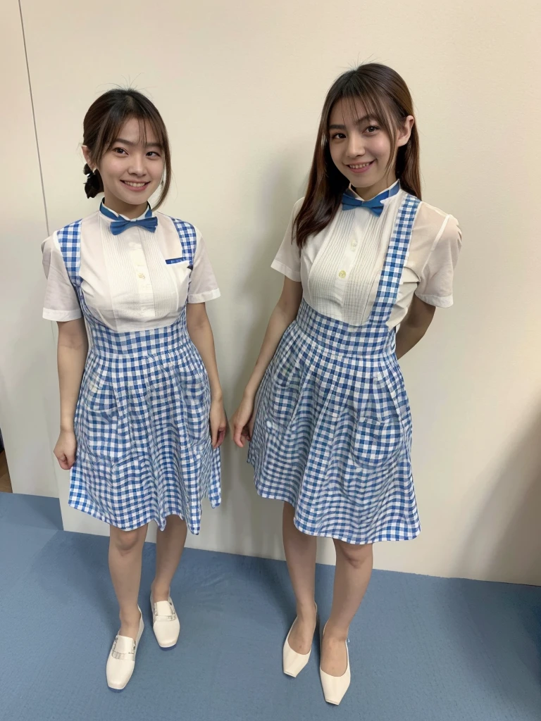 (highest quality),(High resolution),(8K),The whole body is shown,(Large Breasts),Long, slender legs,Beautiful feet,Slender,Narrow waist,(Hair up),Small Face,cute,smile,(Costumes with attention to detail:1.2),(2 people:1.2),Woman looking down from above,Angle from below